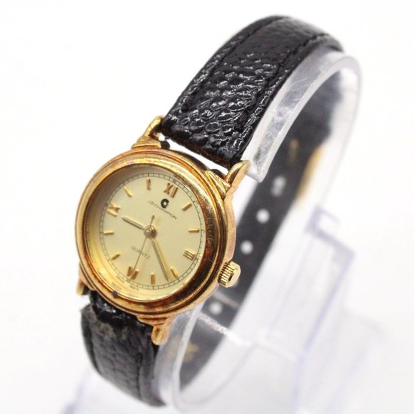 J.B Champion Watch Womens Gold Tone Stainless Steel Real Leather Band Gold Dial - Picture 1 of 8